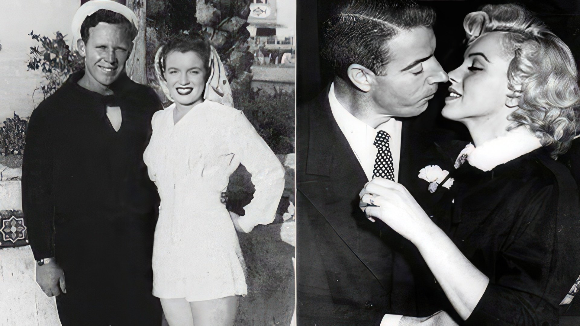 Marilyn Monroe y sus exmaridos: James Dougherty (izquierda) y Joe DiMaggio (derecha)