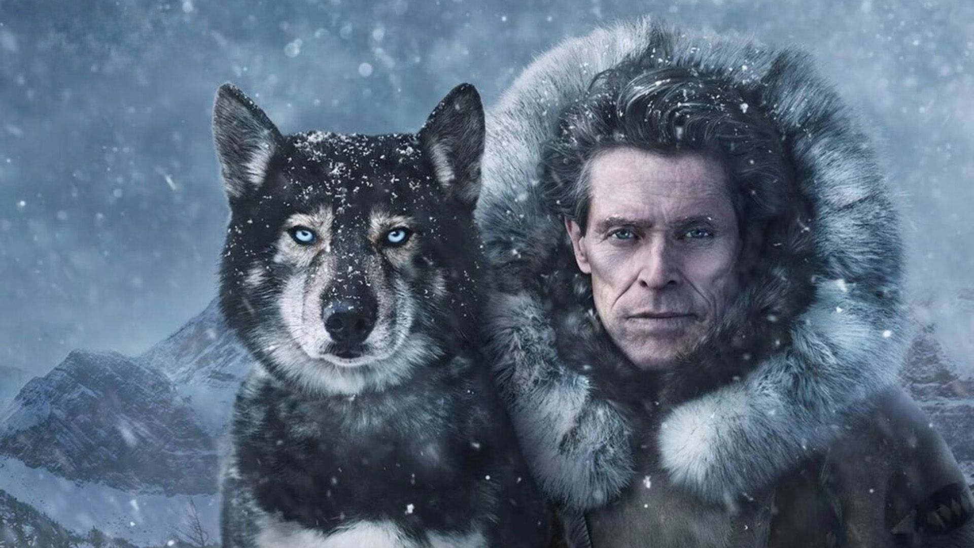 Husky negro de ojos azules y un anciano con capucha de piel contra un paisaje nevado
