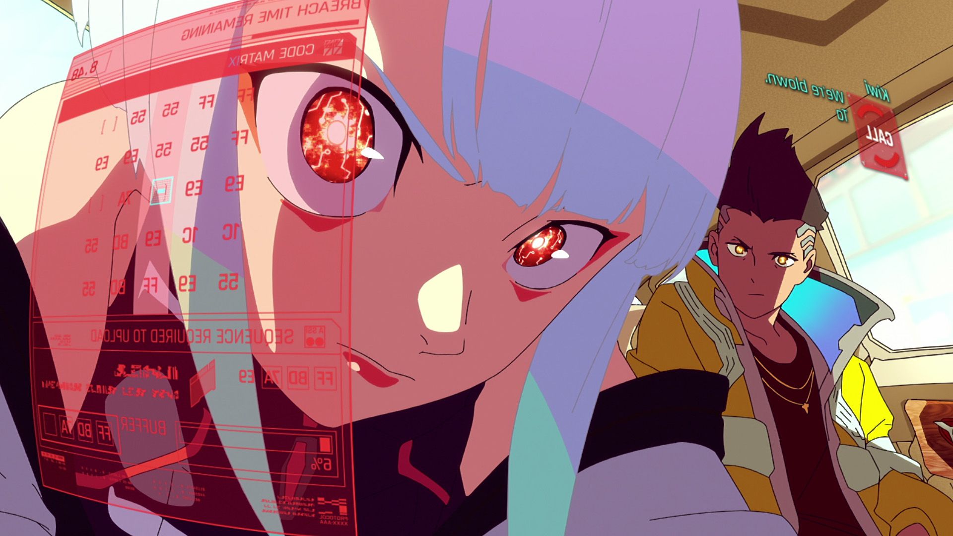 Una chica con pelo lavanda y un chico con chaqueta amarilla dibujados en estilo anime en un fotograma del dibujo animado 'Cyberpunk: Edgerunners'