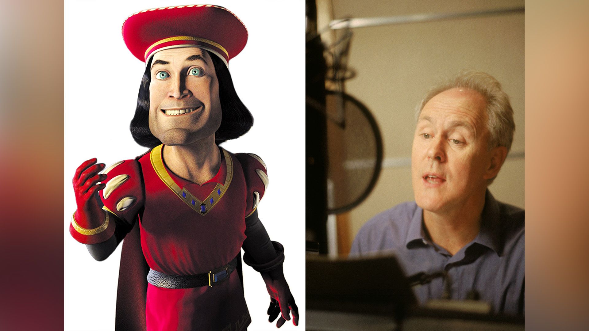 Collage: a la izquierda el personaje Lord Farquaad de la película animada "Shrek"; a la derecha John Lithgow al micrófono