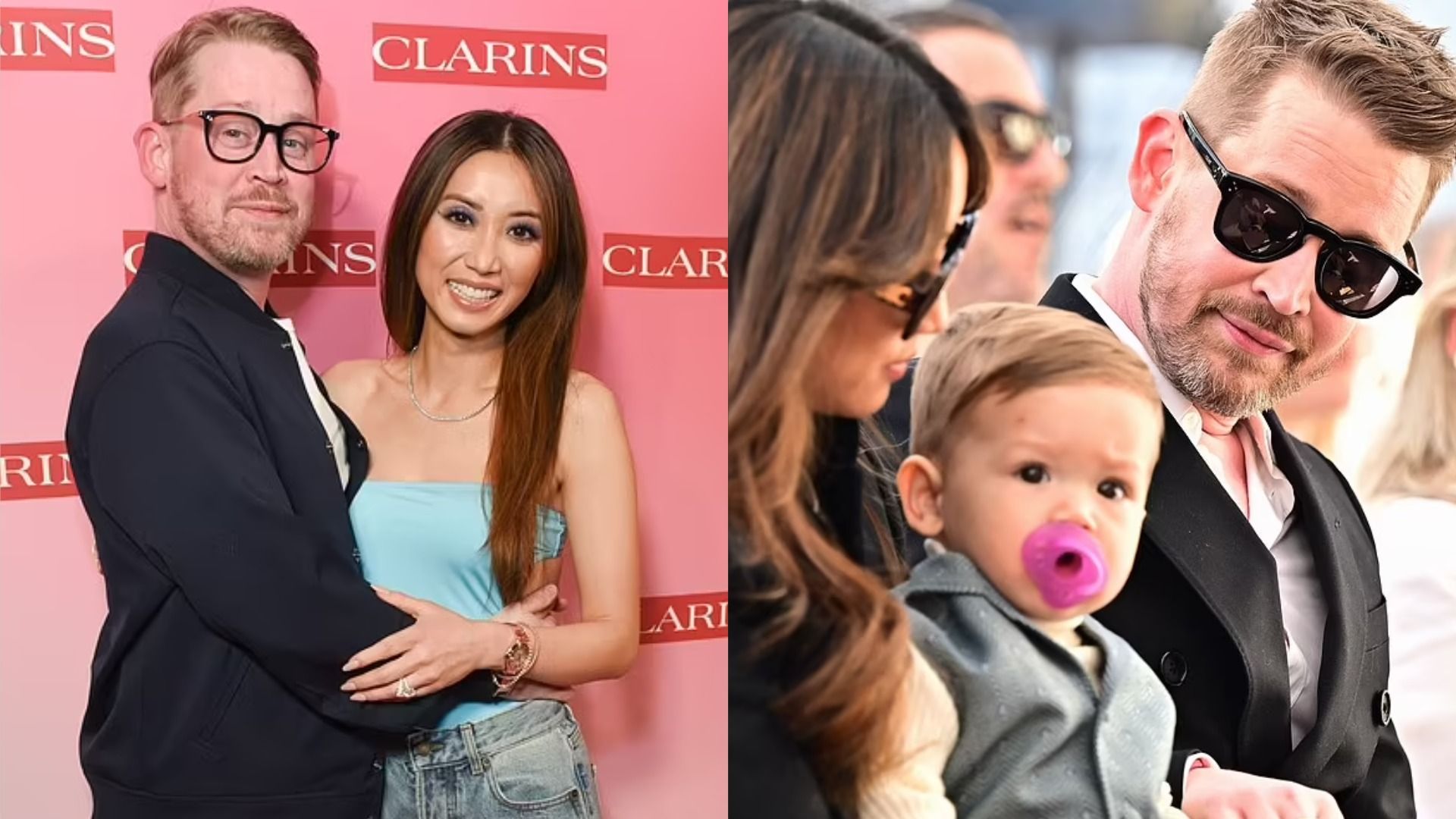 Actores Macaulay Culkin y Brenda Song sostienen a su hijo Dakota