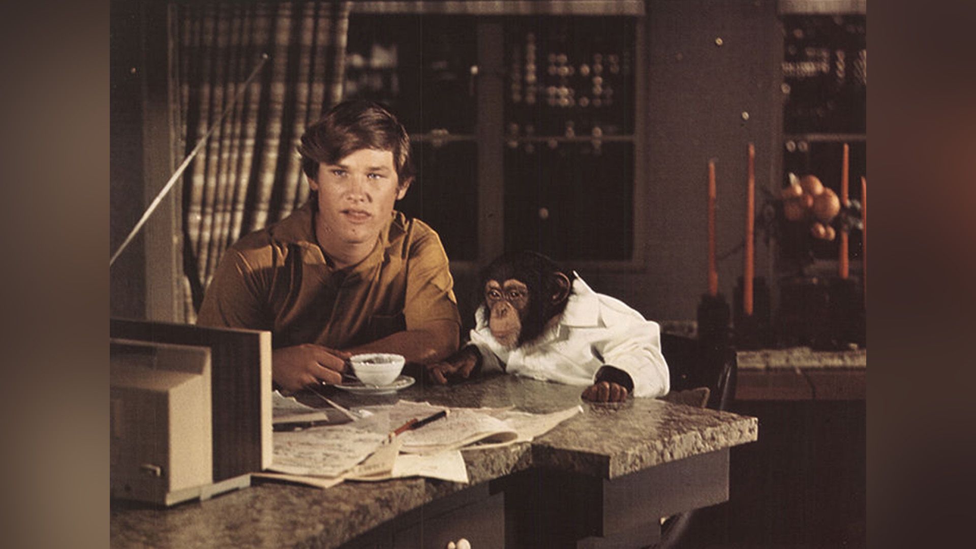 El joven Kurt Russell sentado a una mesa con un chimpancé en 'The Barefoot Executive'