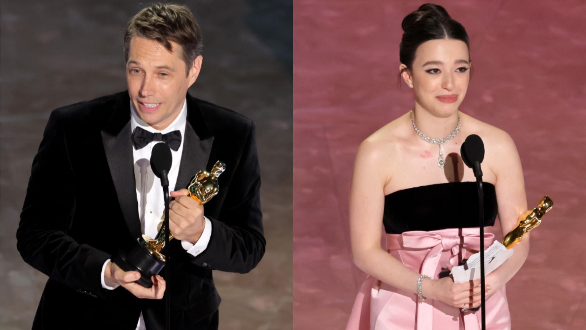 El director Sean Baker con un esmoquin y la actriz Mikey Madison con un vestido rosa sosteniendo estatuillas del Oscar