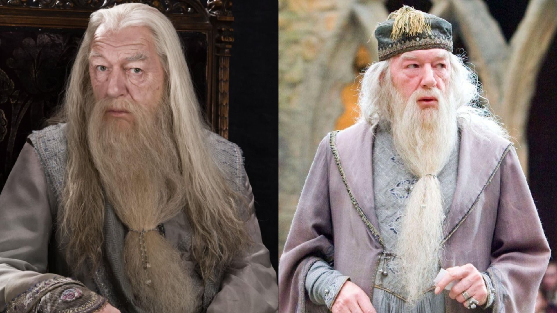 El actor Michael Gambon con barba y cabello largo se sienta en una silla y mira a la cámara contra un fondo negro