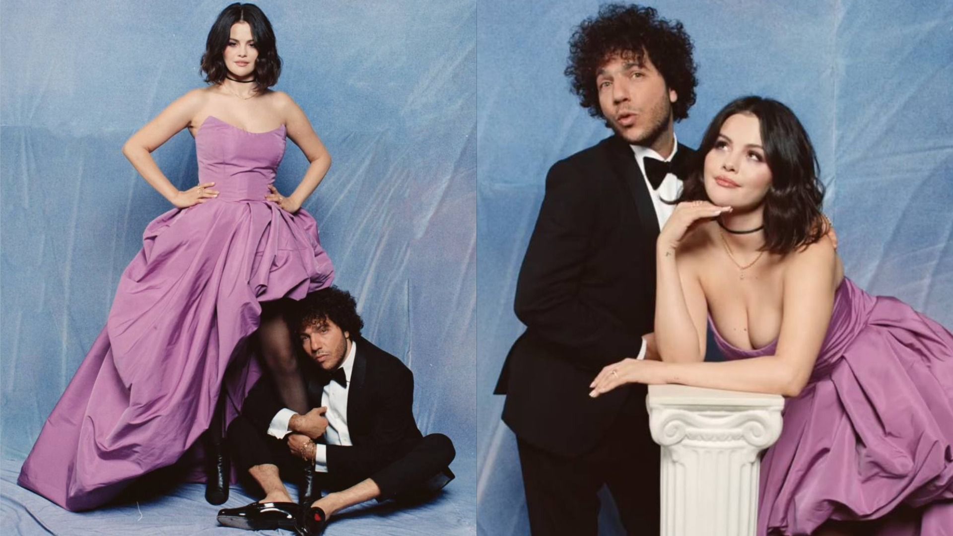 La cantante Selena Gomez posa con un vestido púrpura contra un fondo azul mientras su prometido Benny Blanco la abraza de las piernas con un traje clásico