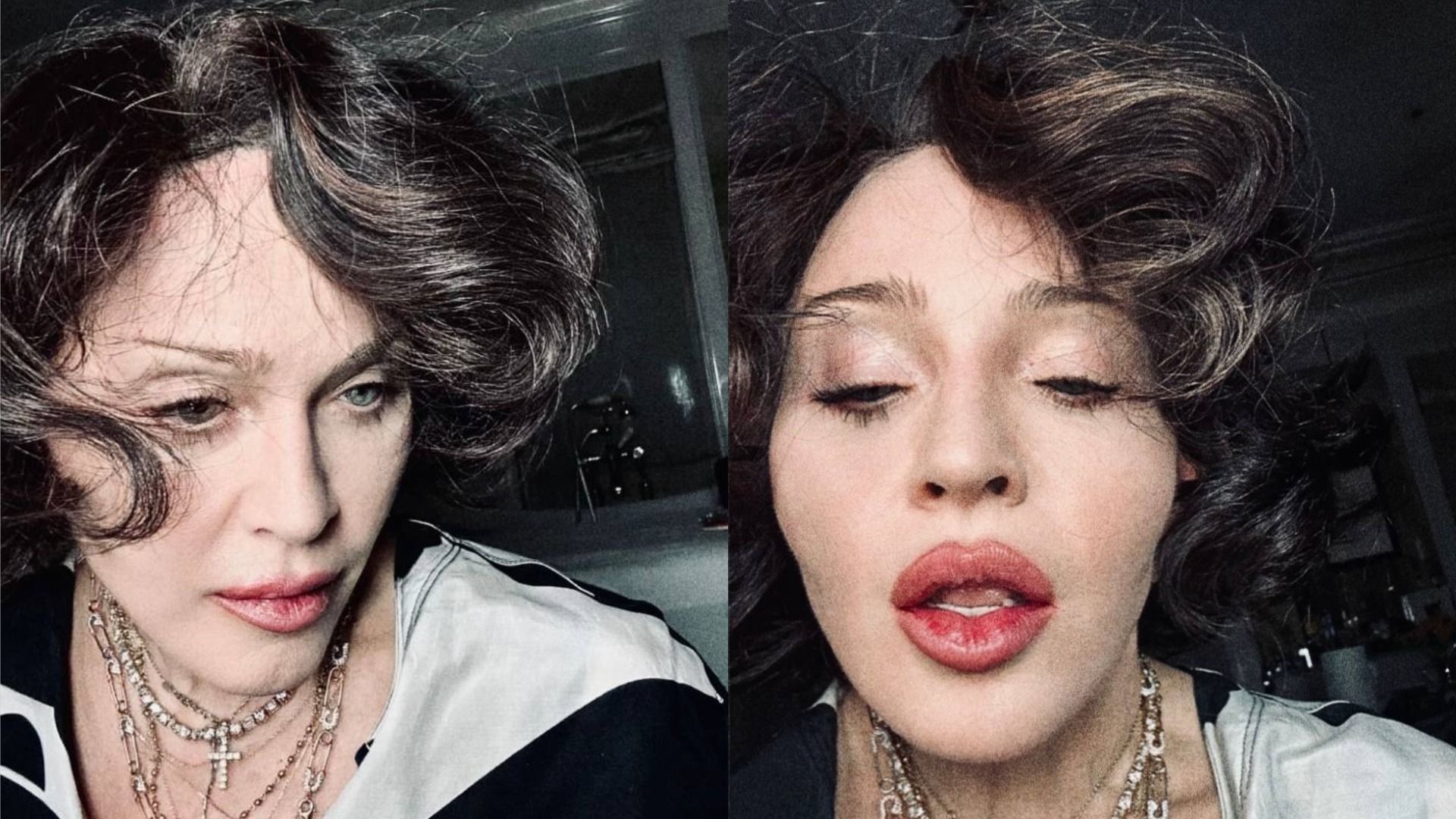 La cantante Madonna con cabello negro y cadenas alrededor del cuello mira hacia un lado contra el fondo de una ventana