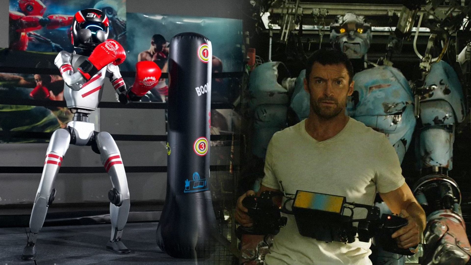 A la izquierda: un robot luchador con guantes rojos está en el centro del ring, levantando los puños. A la derecha: el actor Hugh Jackman con un control remoto y un robot detrás de él