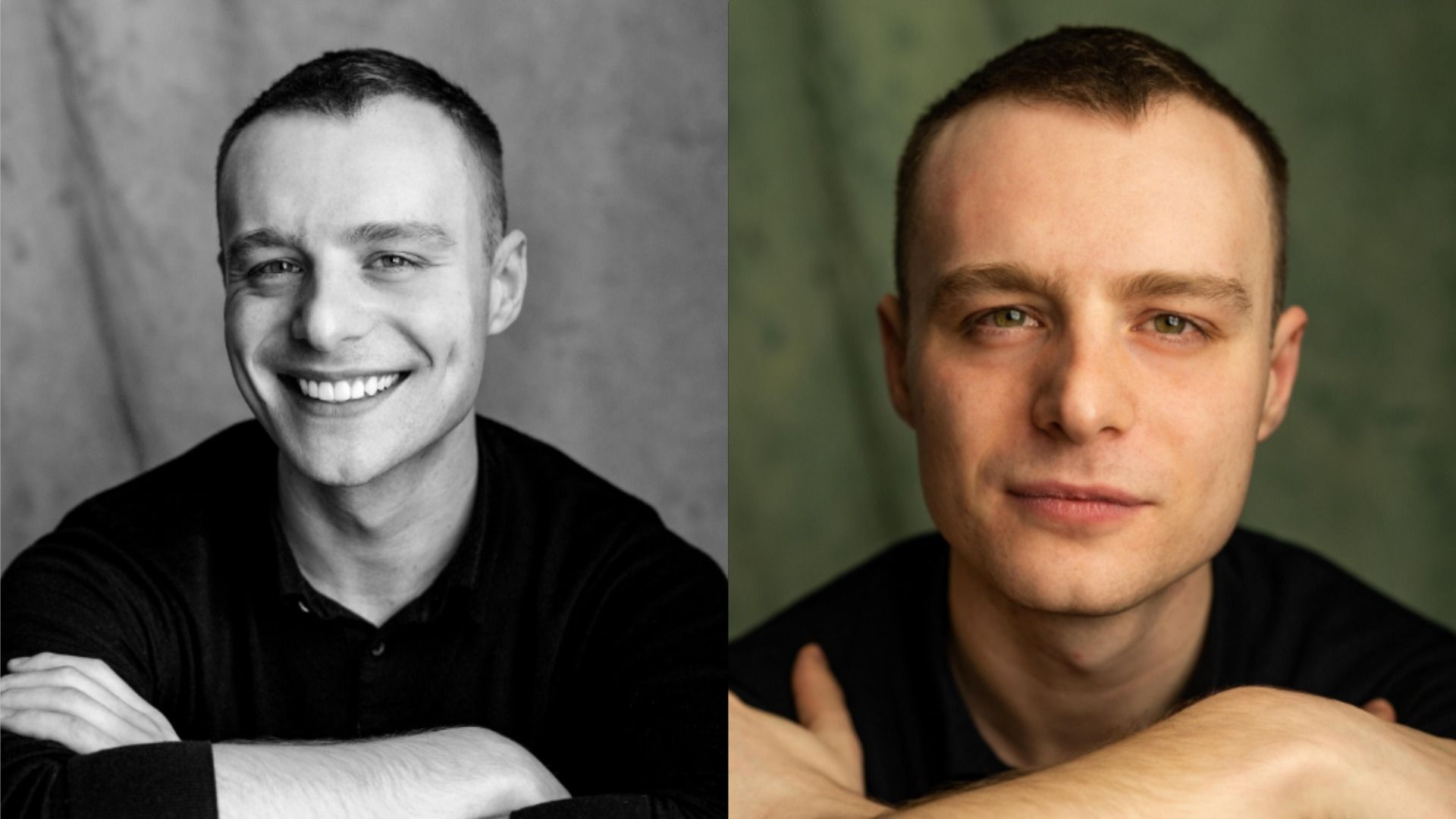 Actor Luke Tallon sonriendo contra una pared verde