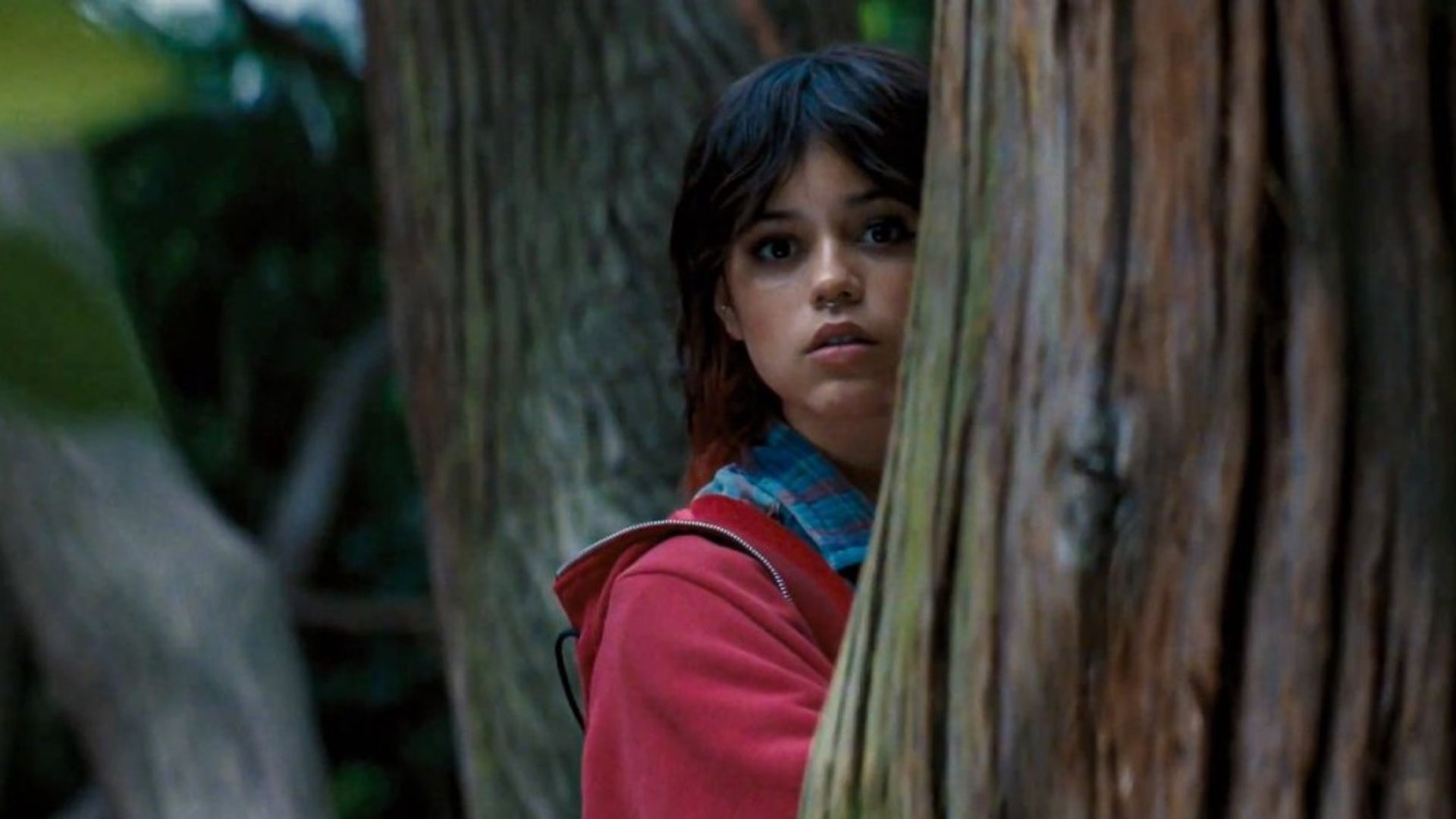 La actriz Jenna Ortega se asoma desde detrás de un árbol, llevando un suéter rosa