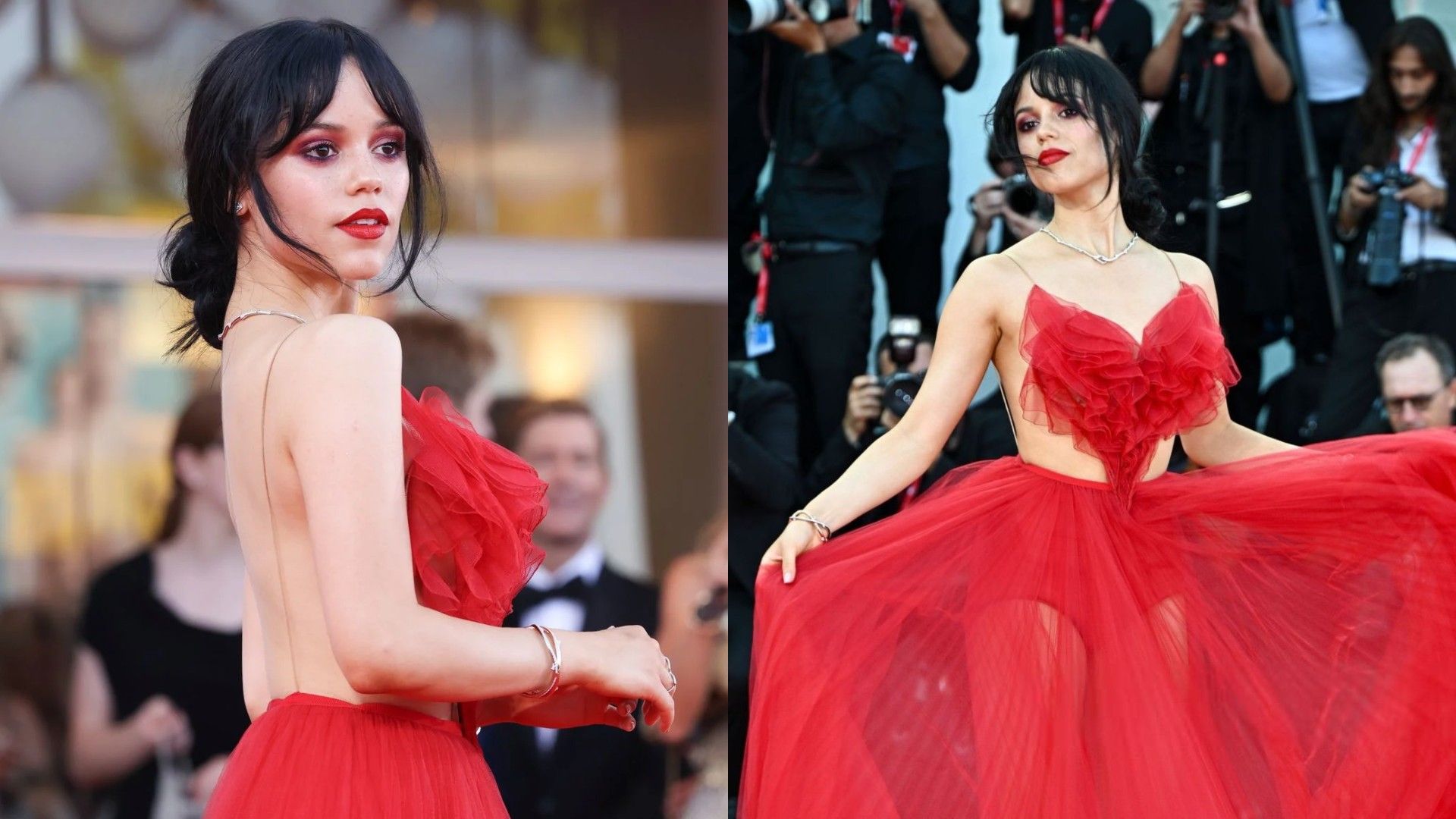 Jenna Ortega en un vestido rojo con espalda abierta y detalle de corazón en el pecho, collage de dos fotos
