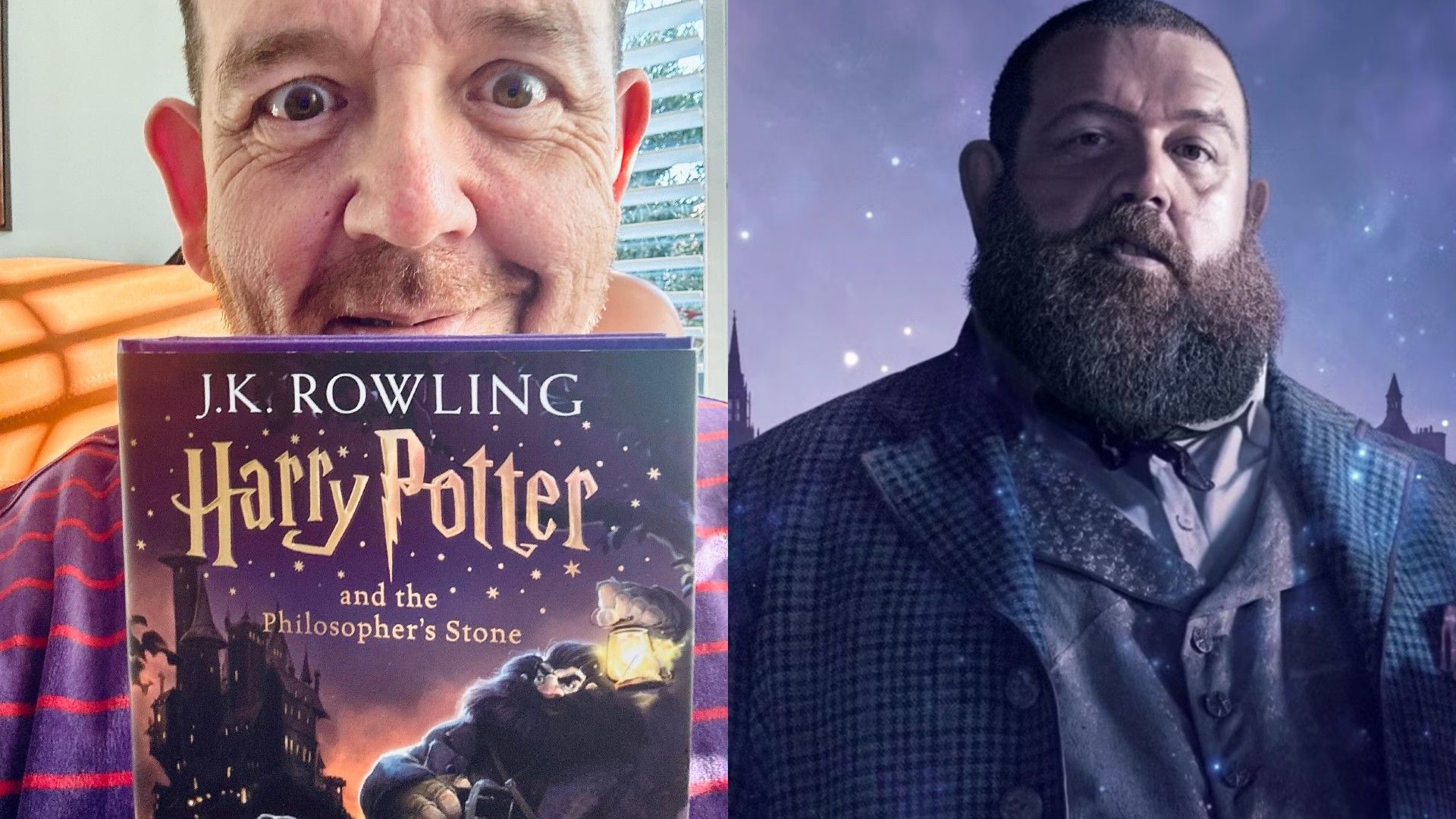 A la derecha, Nick Frost contra un fondo púrpura en traje, a la izquierda sostiene el libro "Harry Potter and the Philosopher's Stone"