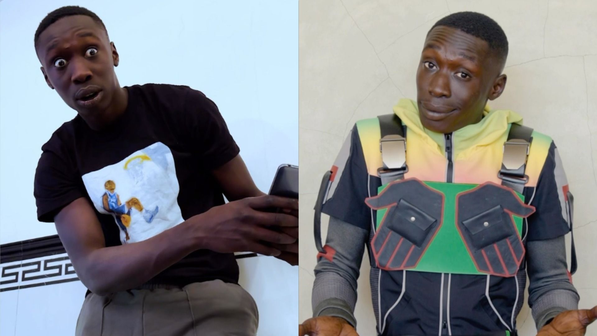 El blogger Khaby Lame con una camiseta negra mira hacia un lado con sorpresa