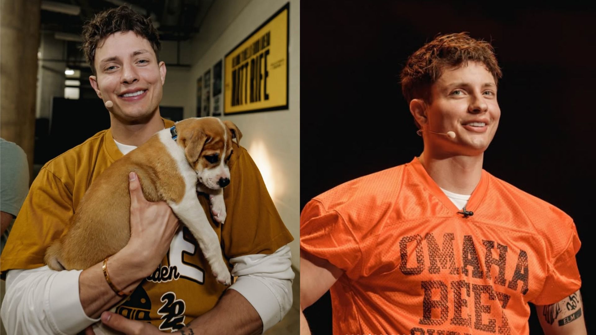 El blogger Matt Rife sosteniendo un perro mientras lleva una camiseta marrón