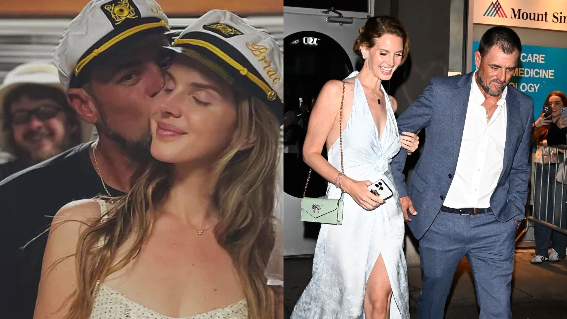 Lana Del Rey y su esposo Jeremy Dufrene, a la izquierda un hombre besa a una mujer con gorra de capitán, a la derecha la pareja camina junta, ella con vestido claro, él con traje