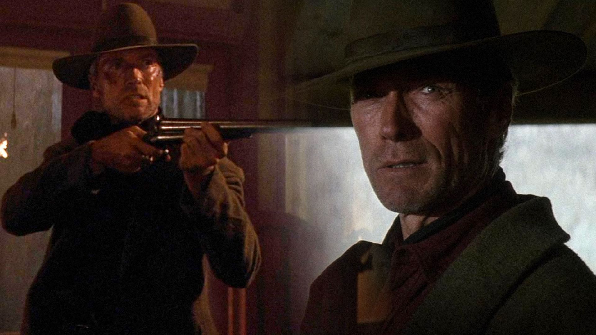 El actor Clint Eastwood de pie con sombrero y rifle en las manos