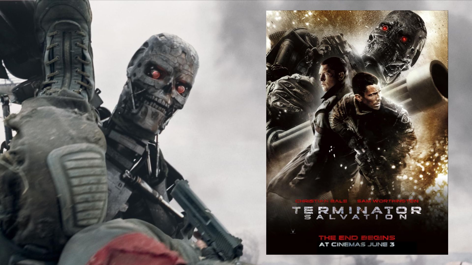 Robot Terminator plateado contra fondo de cielo y póster de película con Christian Bale de pie con un arma