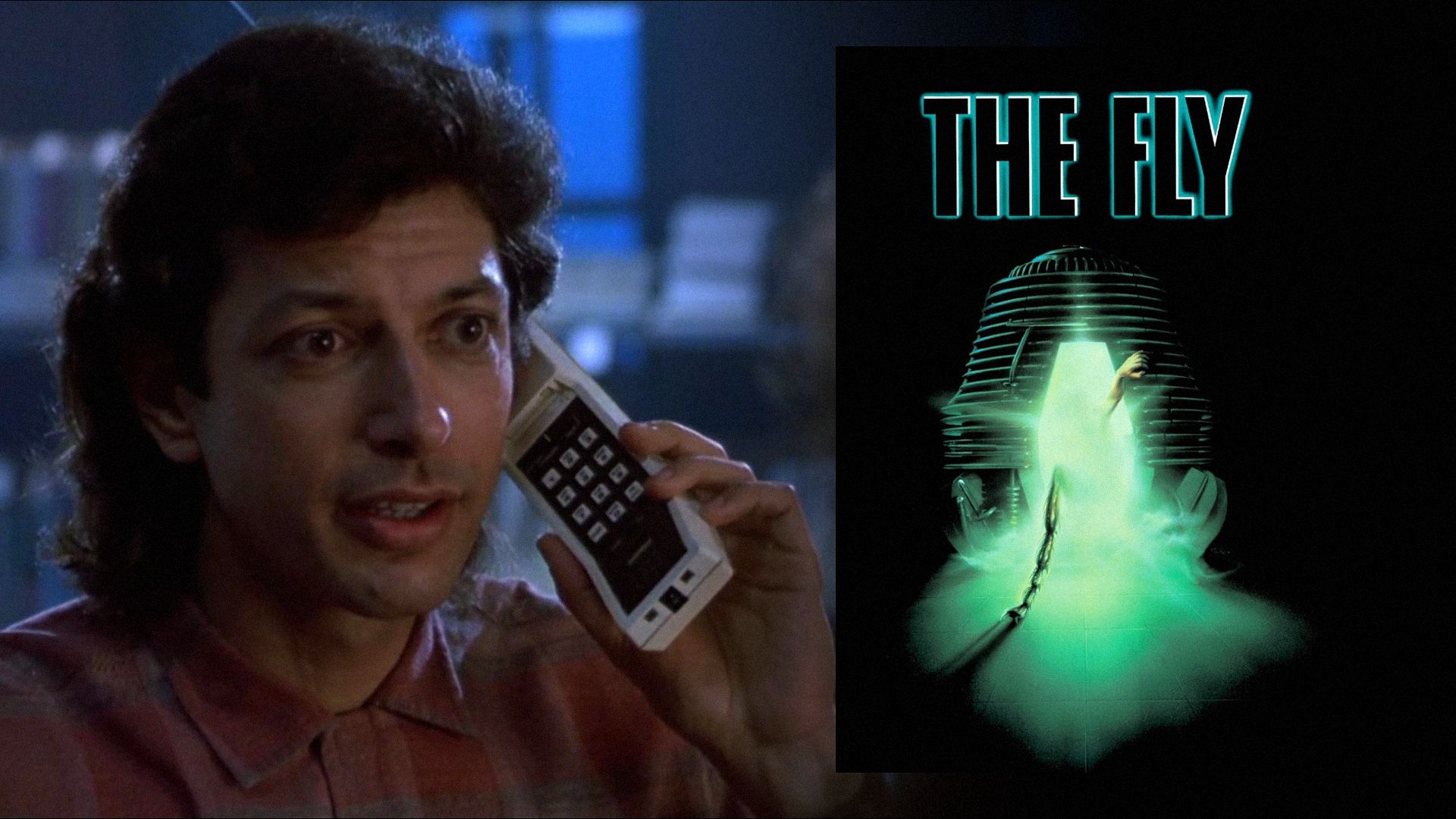 Actor Jeff Goldblum con un teléfono portátil y un póster de película que muestra un teletransportador