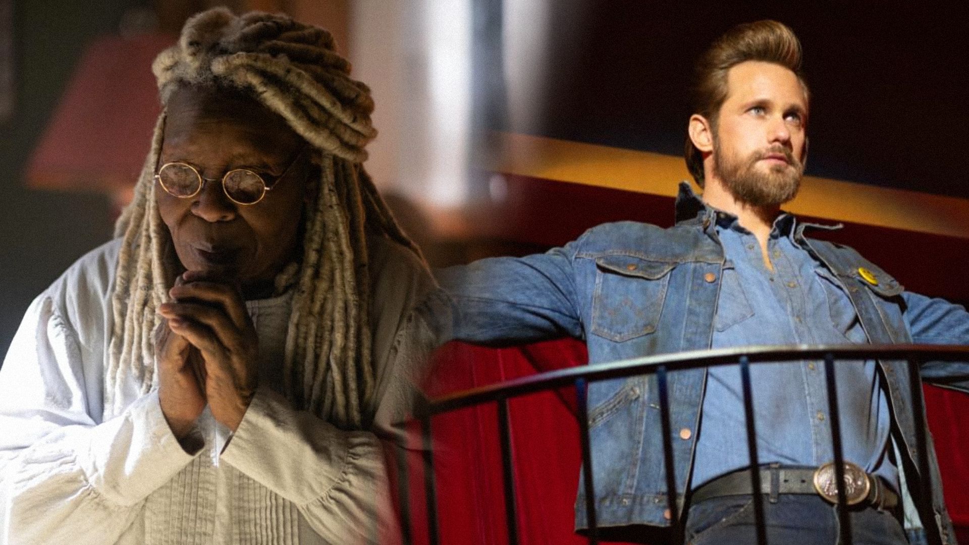 La actriz Whoopi Goldberg con ropa blanca y el actor Alexander Skarsgård con una chaqueta de mezclilla