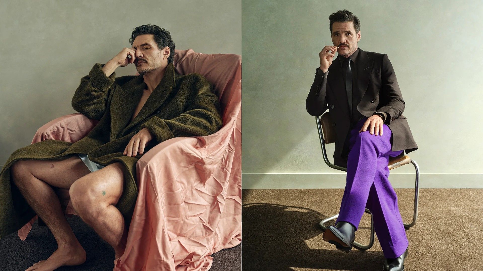Pedro Pascal: a la izquierda sentado en una silla, a la derecha sentado con las piernas cruzadas