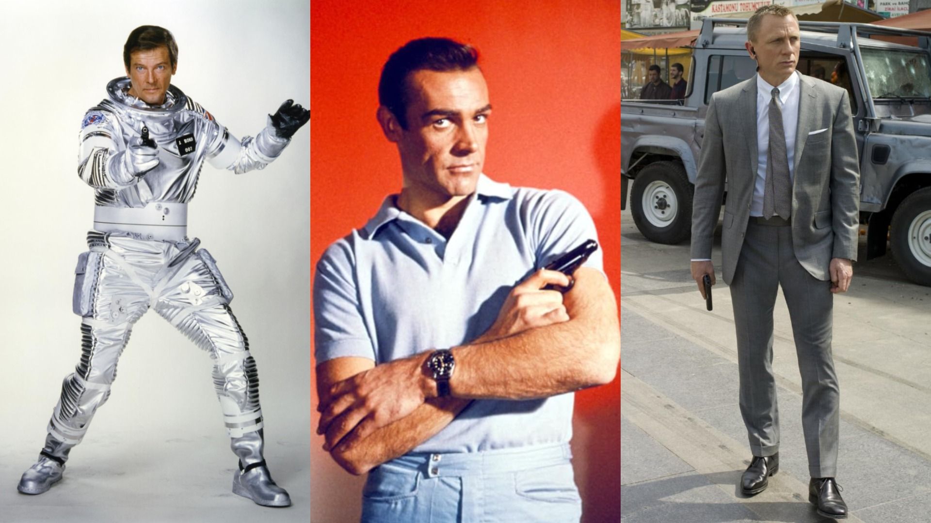 Actor Roger Moore con traje espacial, actor Sean Connery con pistola, actor Daniel Craig con traje gris