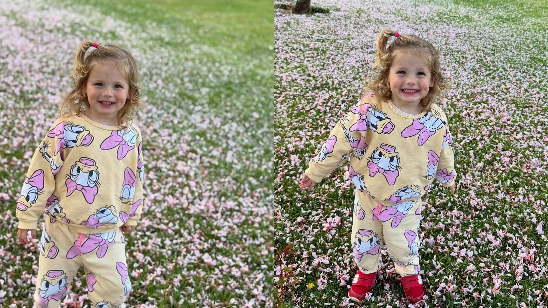 Collage de dos fotos de una niña pequeña en pijama con el Pato Donald