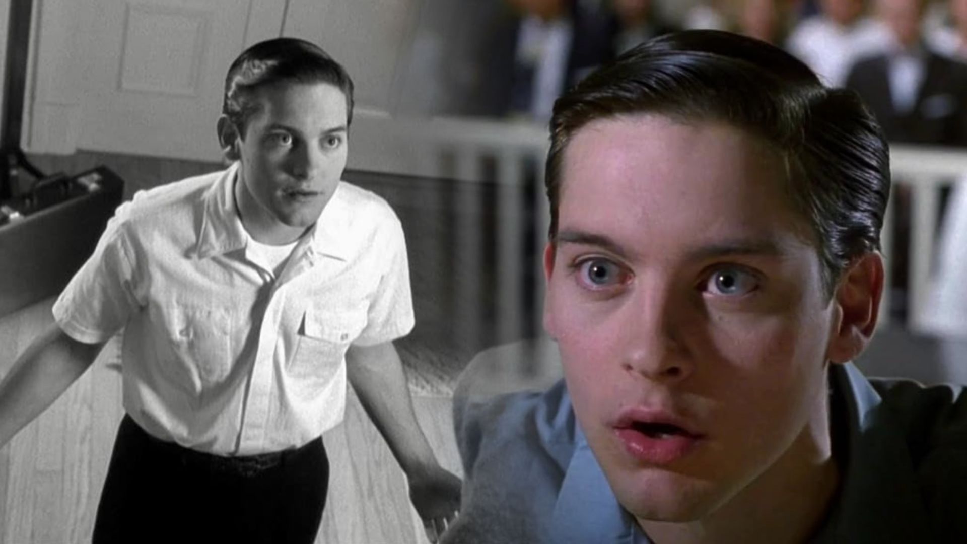 El actor Tobey Maguire con camisa blanca en blanco y negro
