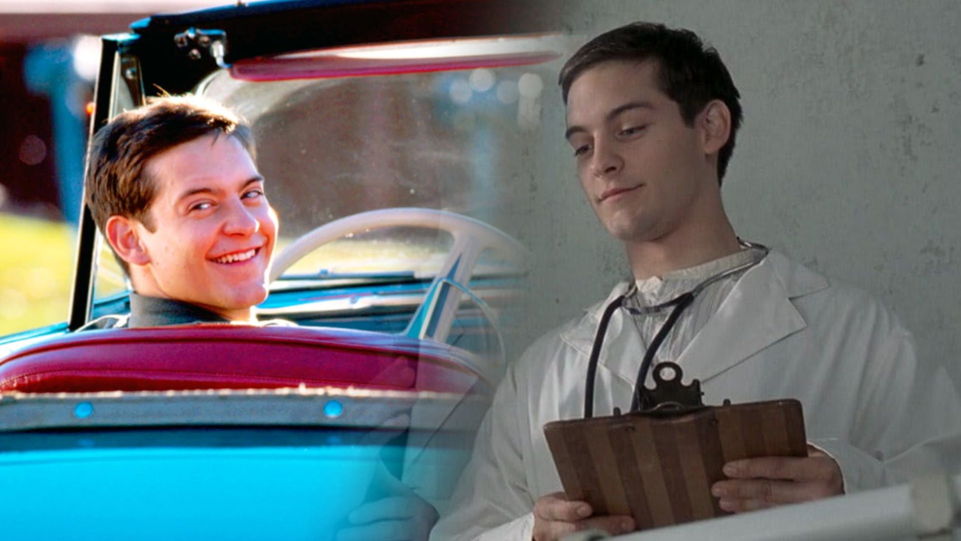 El actor Tobey Maguire sentado al volante de un coche y de pie con una bata blanca