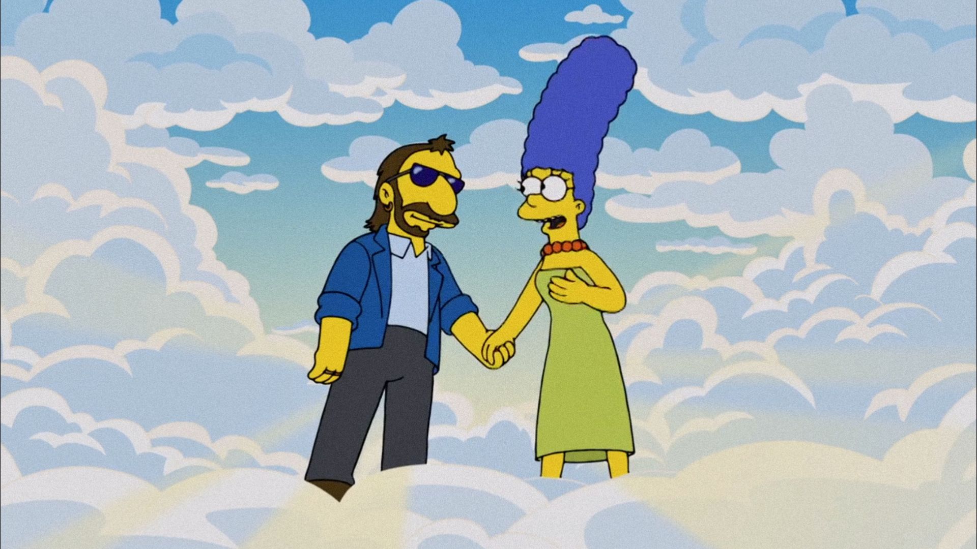 El cantante Ringo Starr dibujado en estilo de caricatura y una mujer de cabello azul parados en las nubes