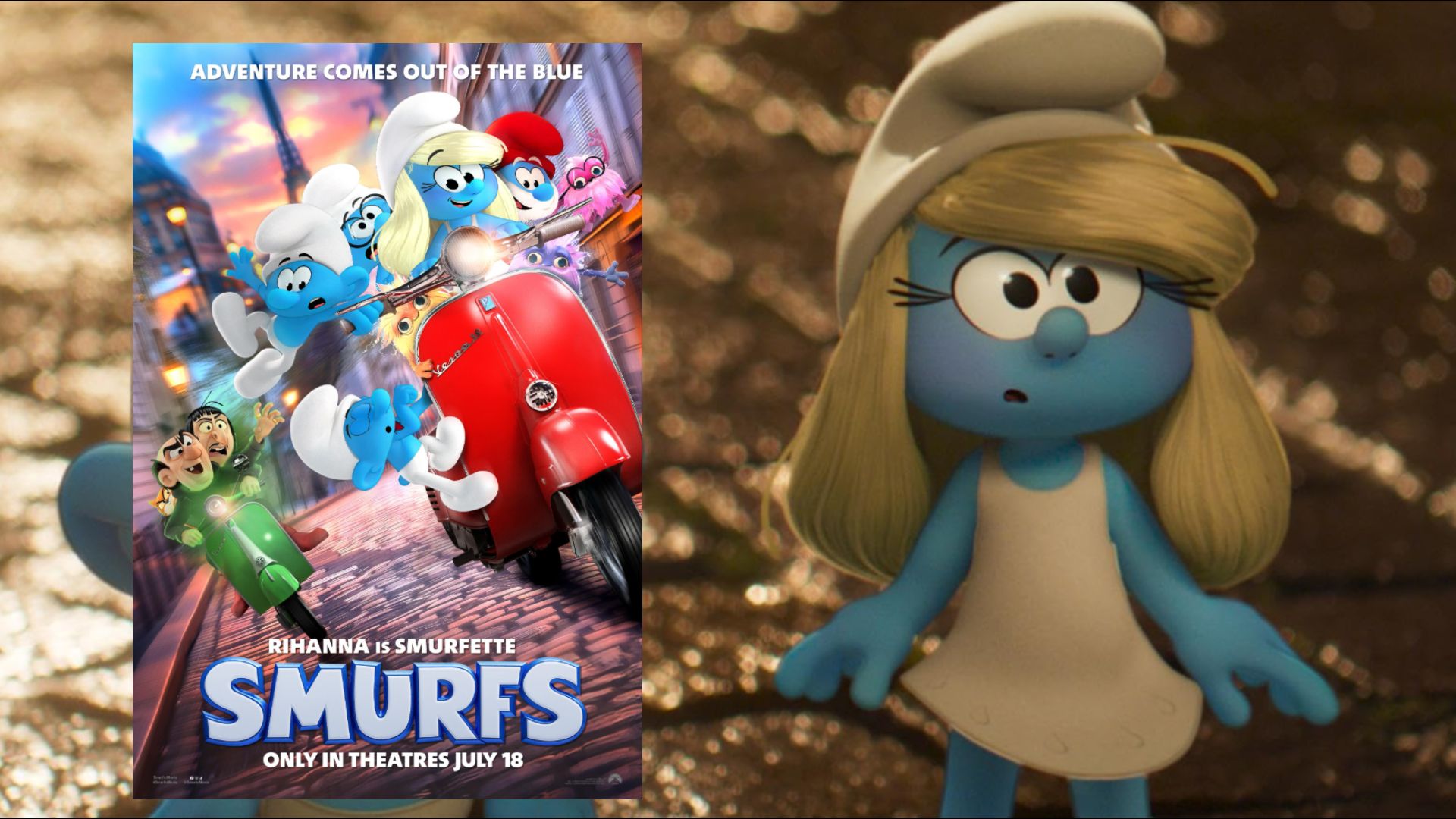 Una pequeña criatura azul con un gorro blanco en la cabeza, junto a un póster de la película que muestra criaturas similares montando en scooter