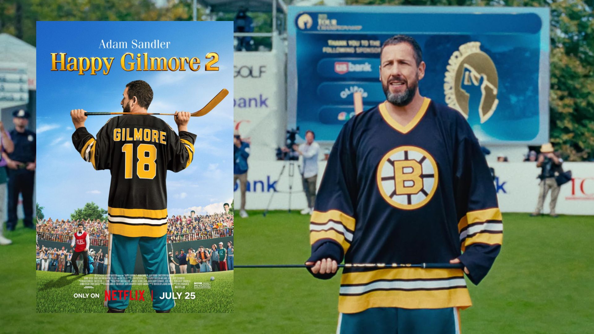 El actor Adam Sandler sosteniendo un palo de golf en un campo de golf, junto a un póster de la película que muestra al actor de espaldas