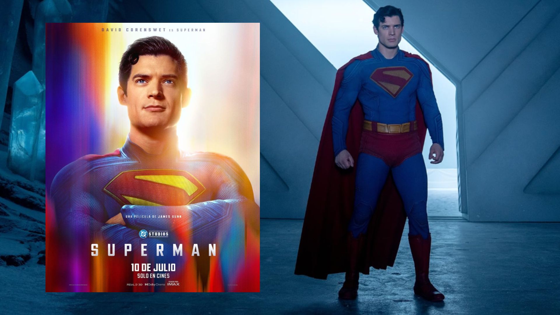 El actor David Corenswet en un traje de superhéroe azul, junto a un póster de la película donde el actor mira a la cámara con los brazos cruzados sobre el pecho