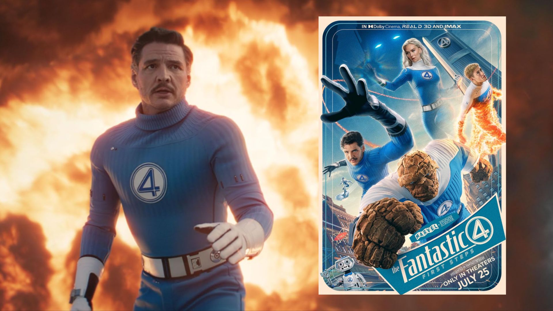 El actor Pedro Pascal en un traje de superhéroe azul, junto a un póster de la película con cuatro personas, una de las cuales está hecha de piedra