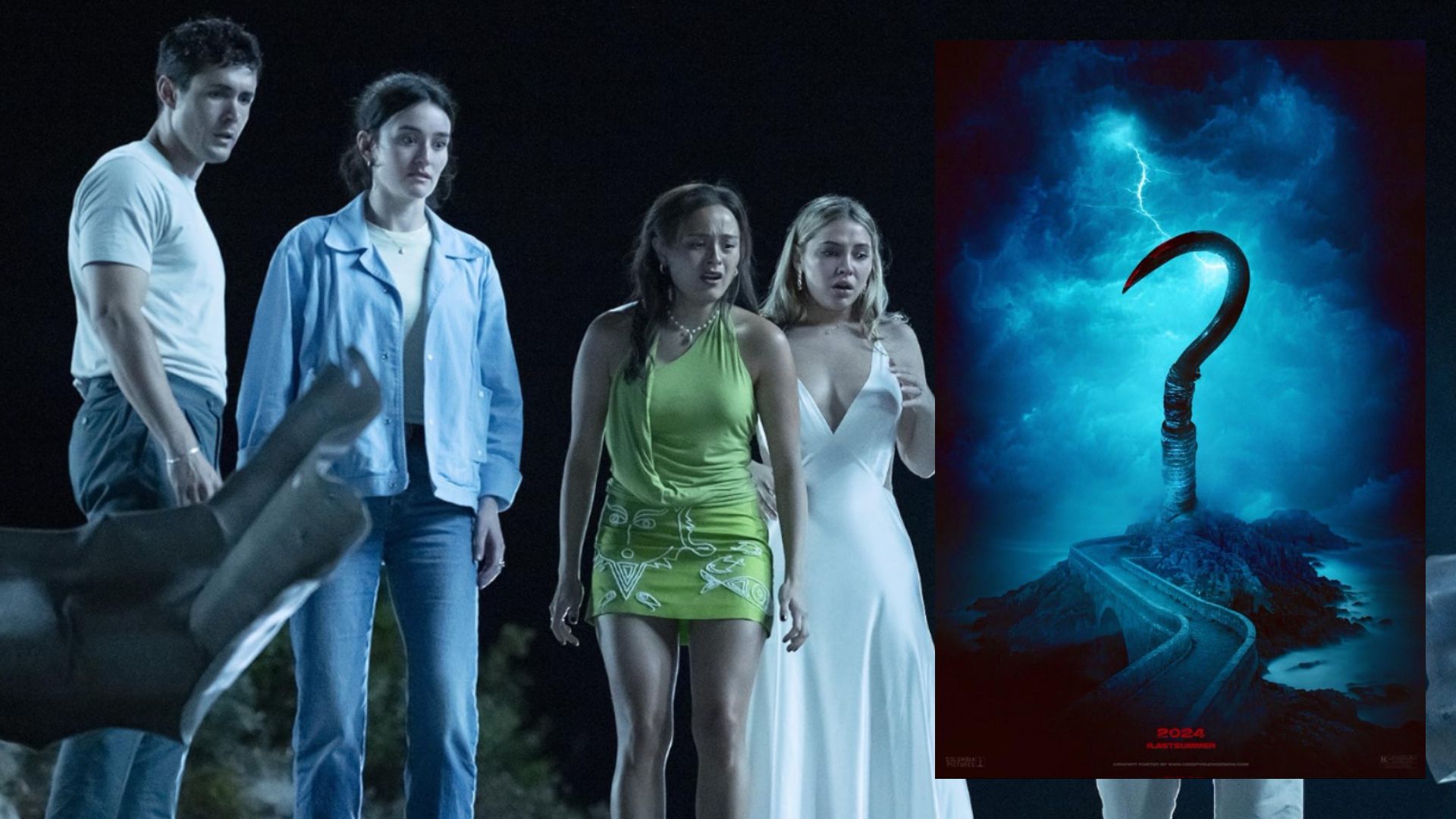 Dos chicos y dos chicas con ropa normal de pie asustados, junto a un póster de la película que tiene un gancho