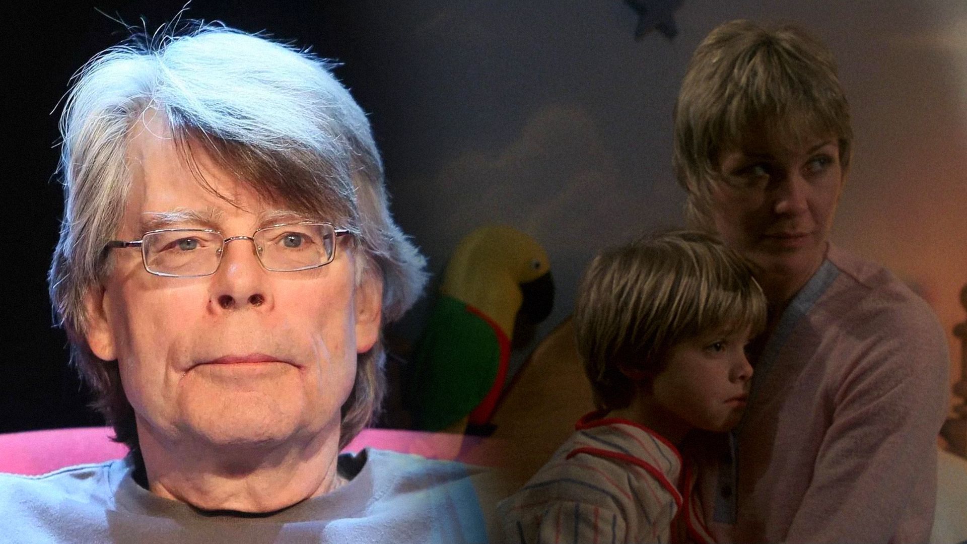 El escritor Stephen King con gafas junto a la actriz Dee Wallace sosteniendo a un niño en sus brazos