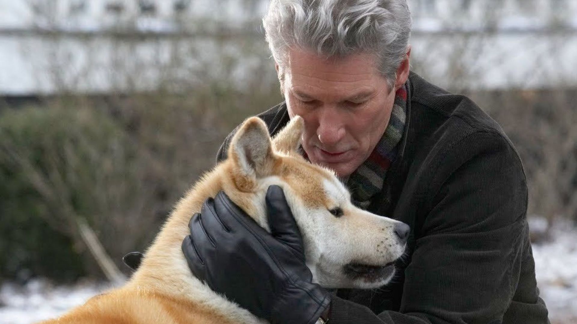 Richard Gere abraza a un perro Akita Inu rojizo