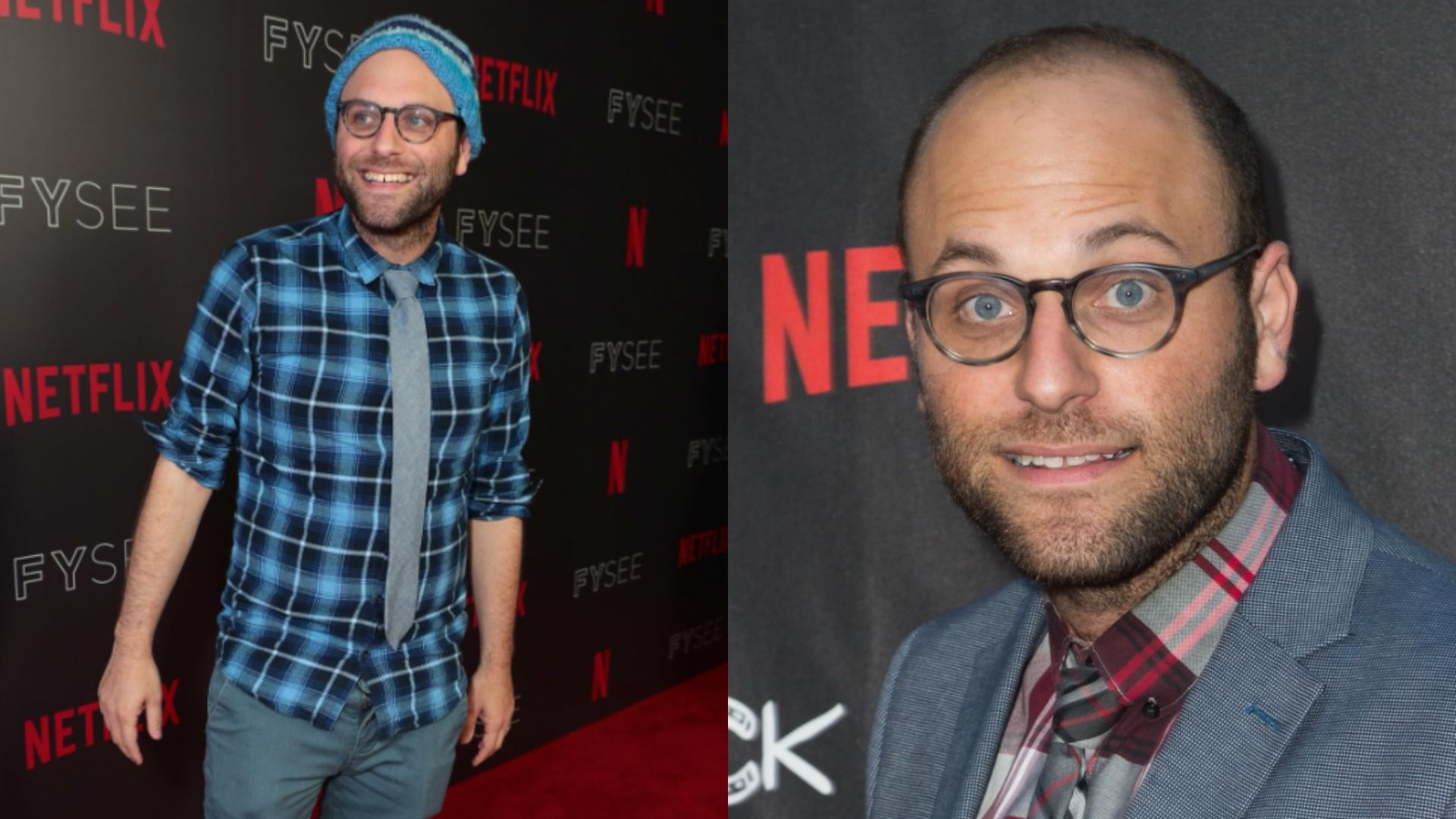 El comediante, guionista y productor Raphael Bob-Waksberg con blazer gris y gafas de pie contra un fondo negro