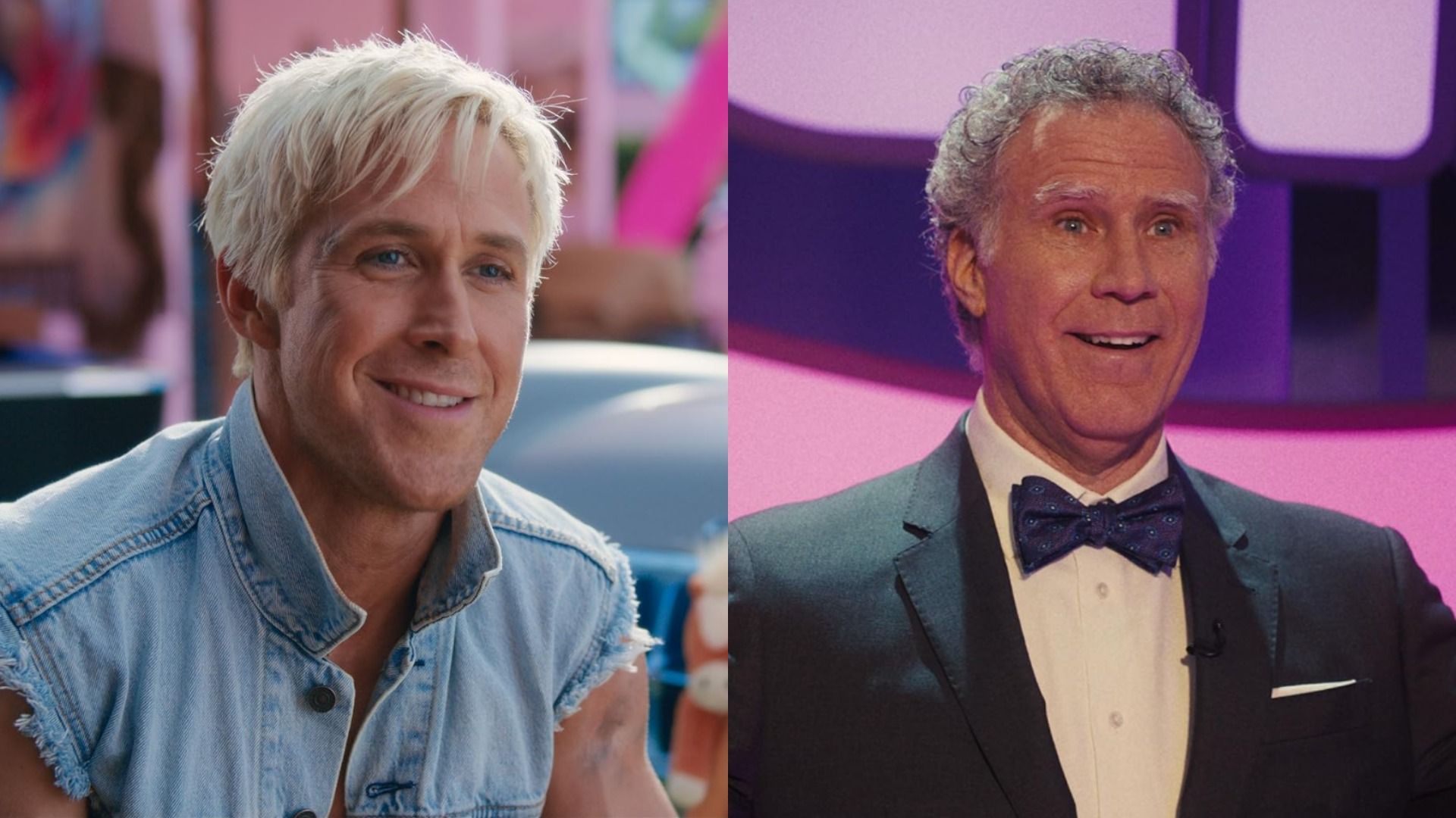 El actor Ryan Gosling con chaleco vaquero y el actor Will Ferrell con esmoquin