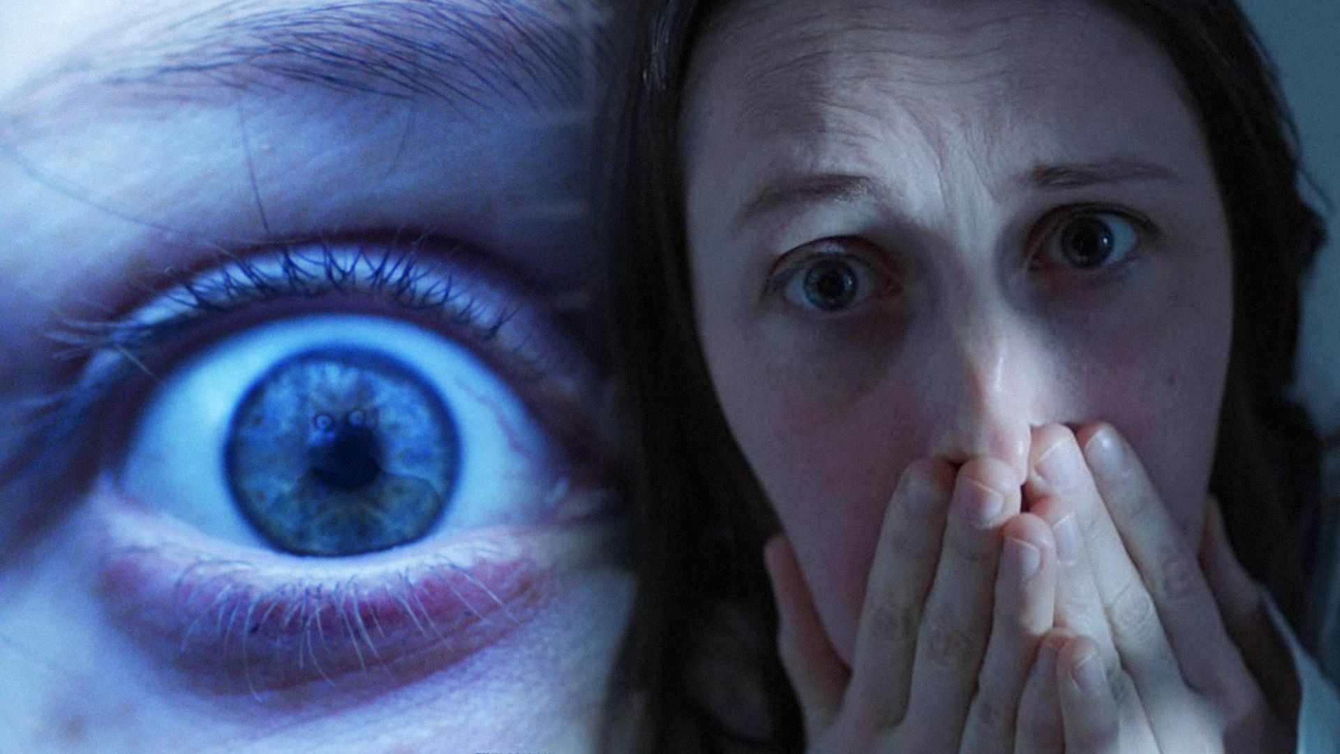 Primer plano de un ojo y una mujer cubriéndose la boca con las manos