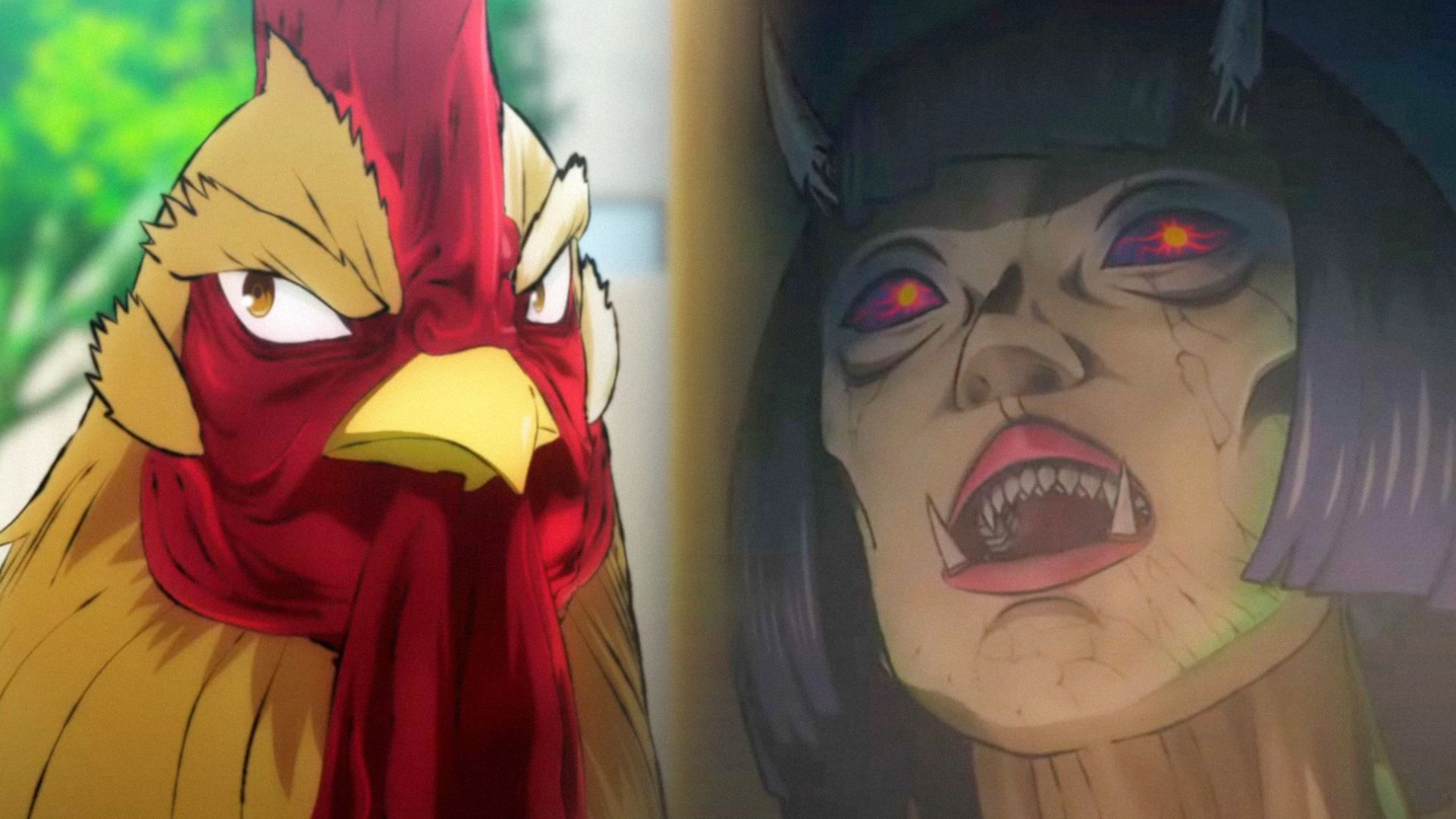 Gallo y chica con cuernos y ojos rojos
