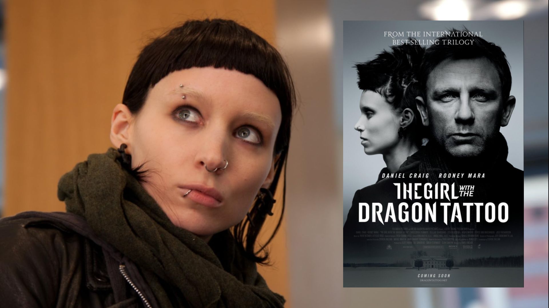 La actriz Rooney Mara con cabello negro y un póster de película donde aparece junto al actor Daniel Craig