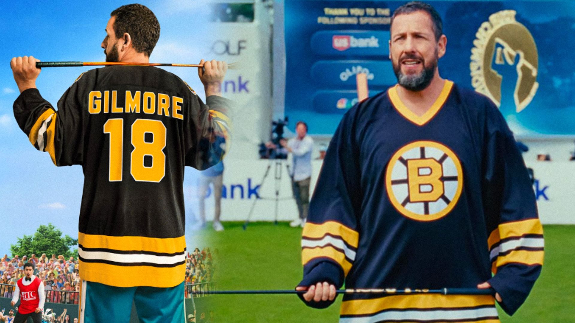 El actor Adam Sandler con un palo de golf en las manos parado en un campo de golf