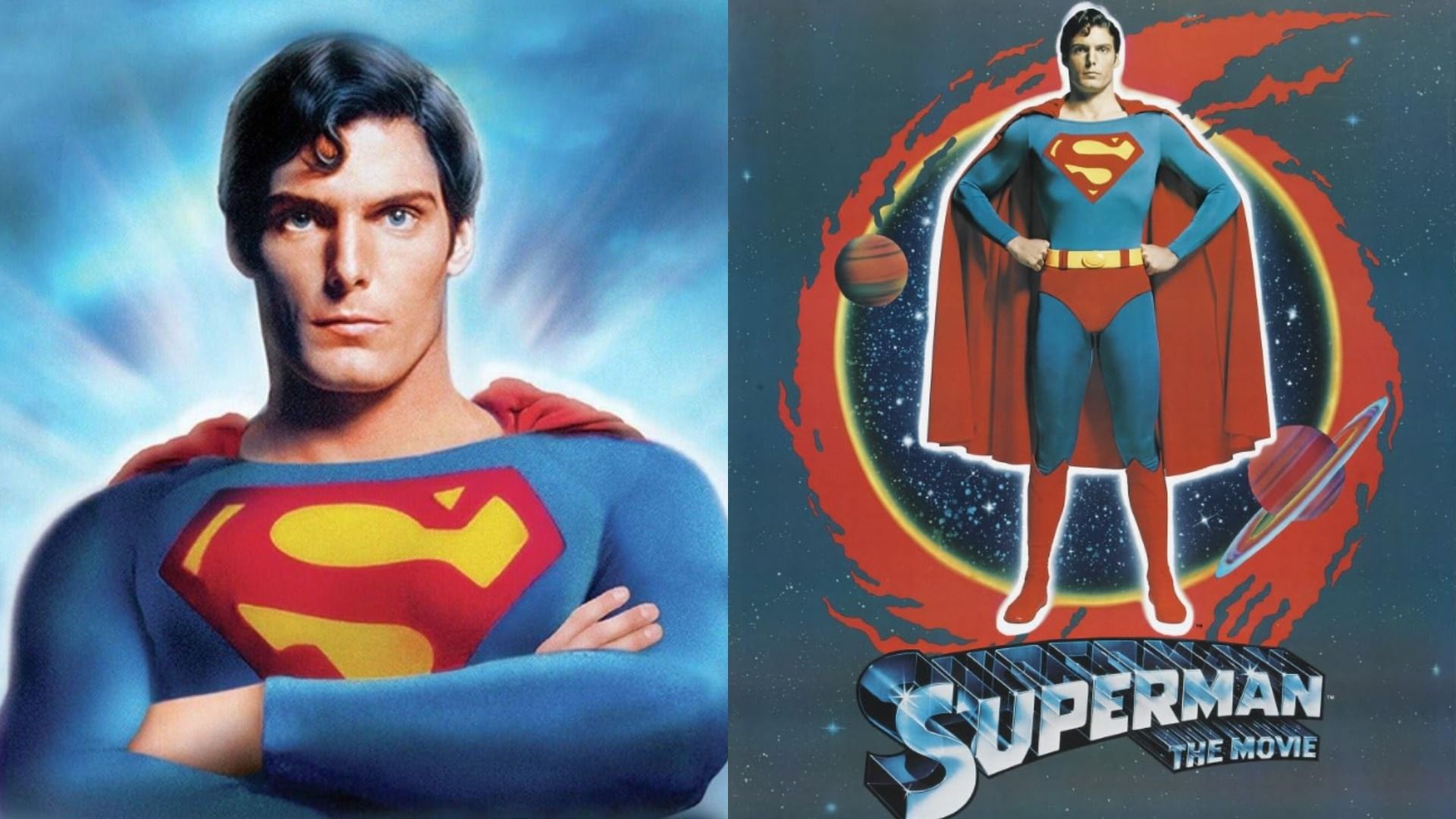 El actor Christopher Reeve de pie con un traje de superhéroe azul y rojo con la letra S en el pecho
