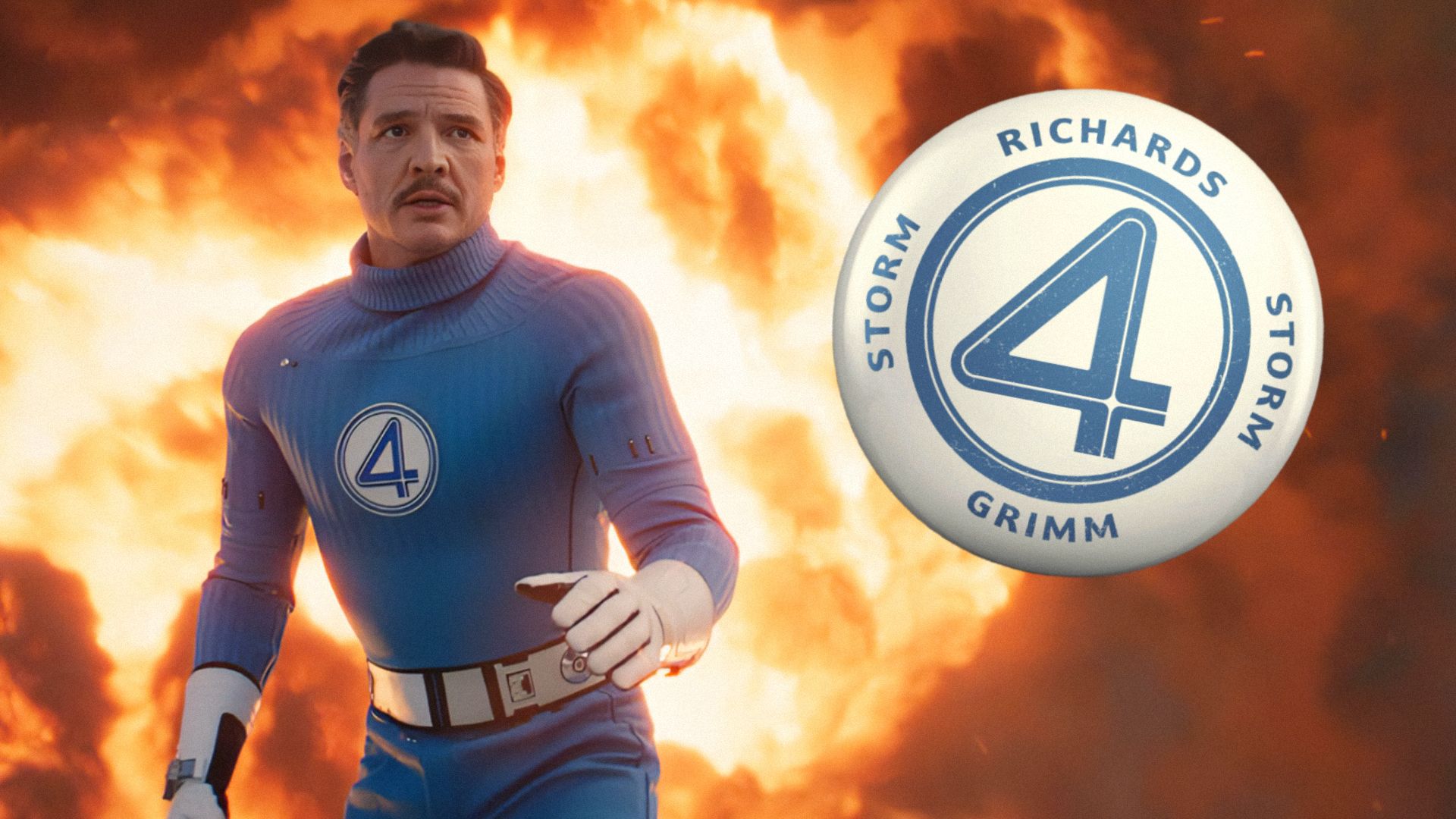 El actor Pedro Pascal en un traje de superhéroe azul con el número 4 en el pecho se encuentra contra un fondo de fuego