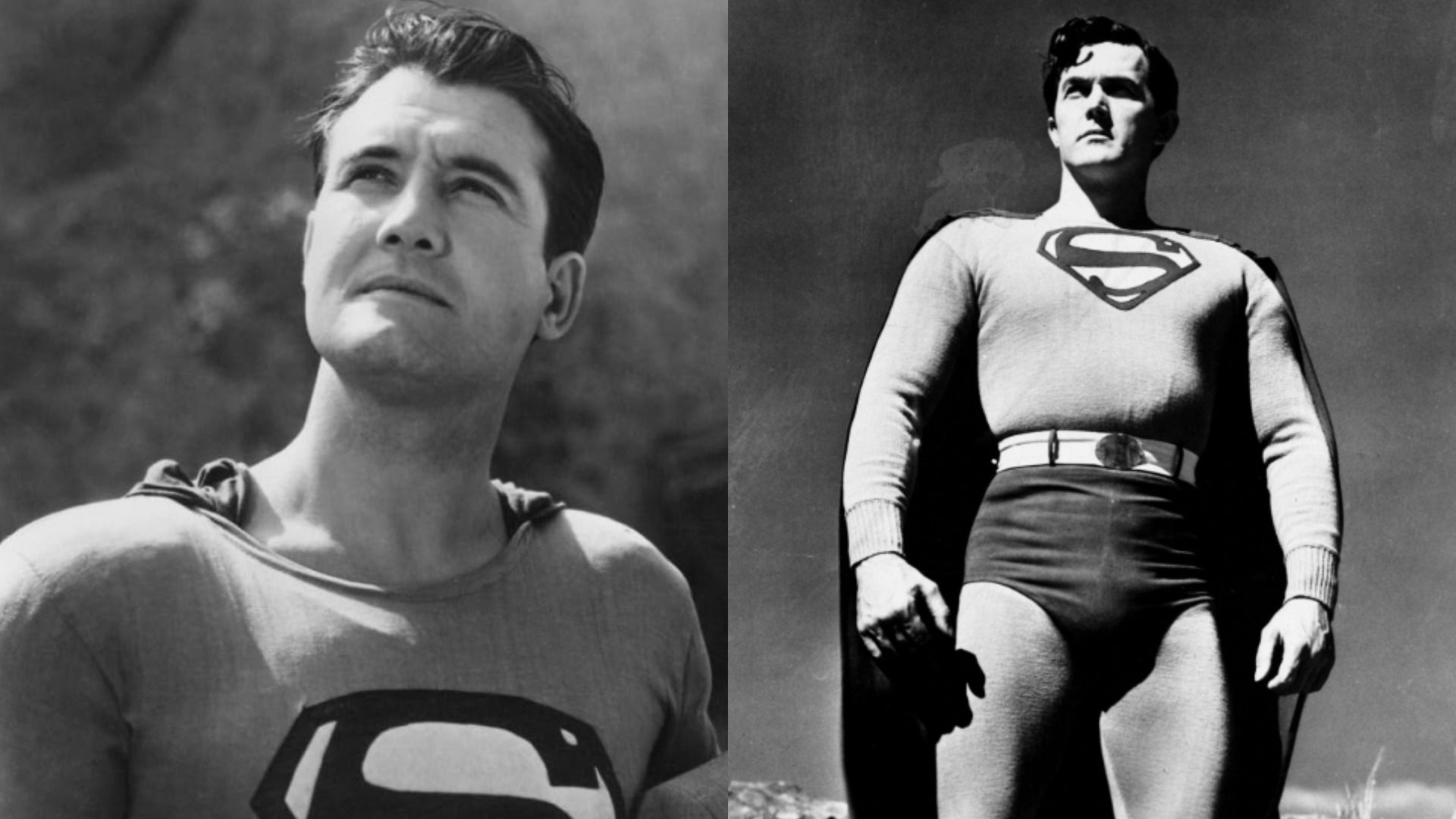 Los actores Kirk Alyn y George Reeves con trajes de superhéroe con la letra S en el pecho