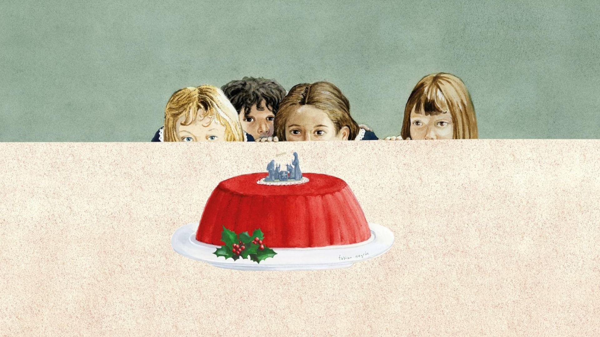 Cuatro niñas se asoman por debajo de la mesa y miran un gran pastel rojo