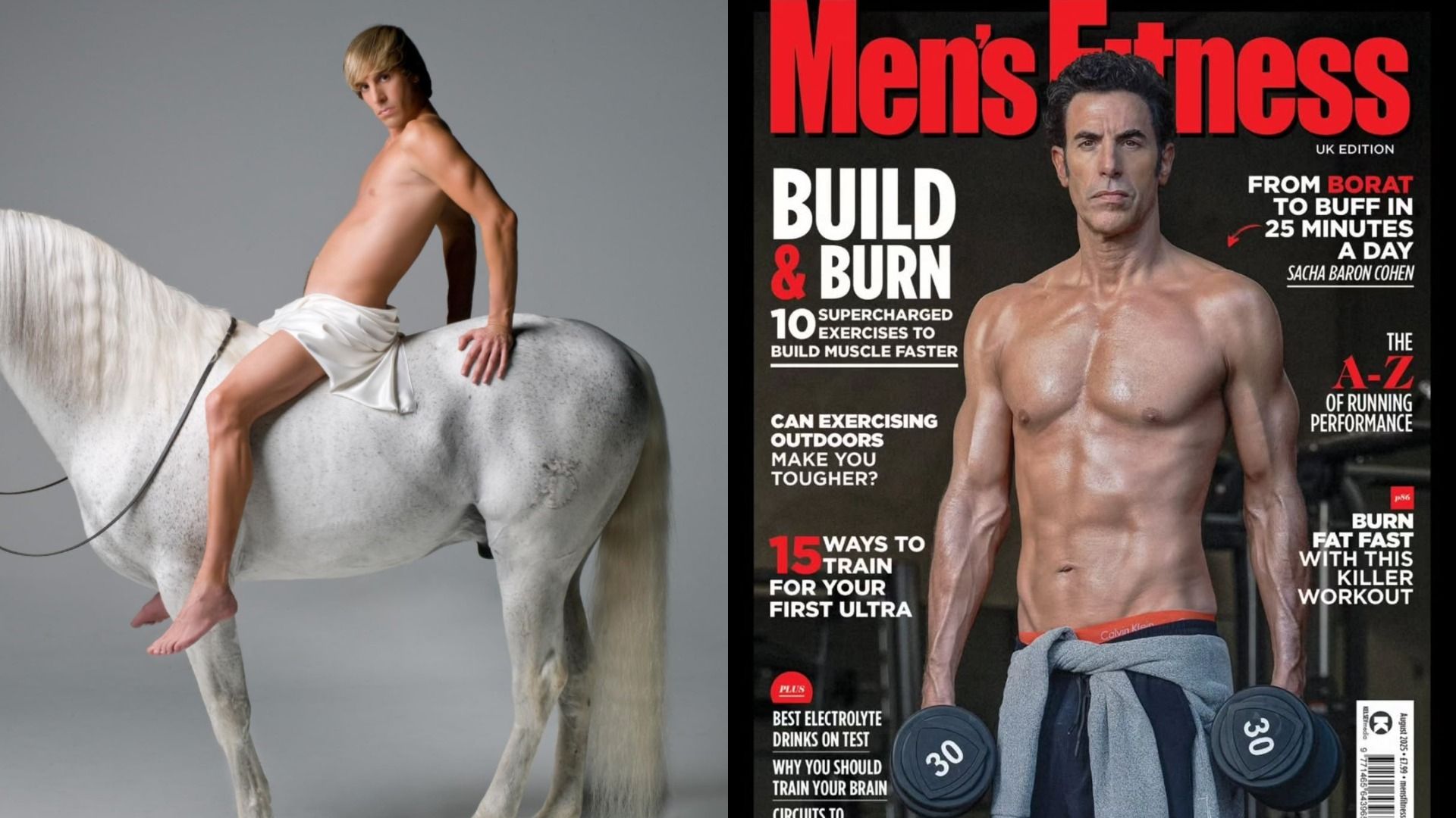 El actor Sacha Baron Cohen sentado montando a caballo, a la derecha está en la portada de una revista con mancuernas en las manos