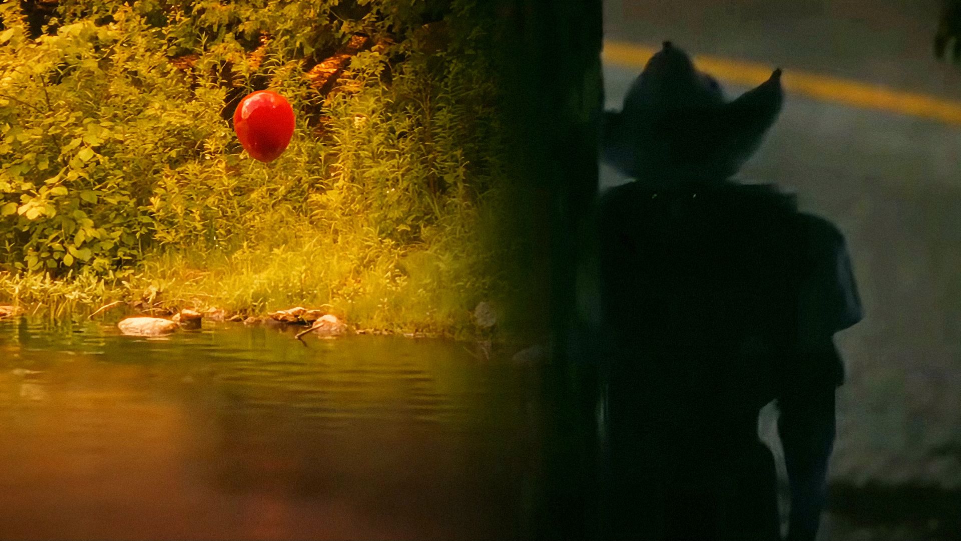 Un globo rojo flotando sobre la superficie del agua, la silueta del actor Bill Skarsgård como el payaso