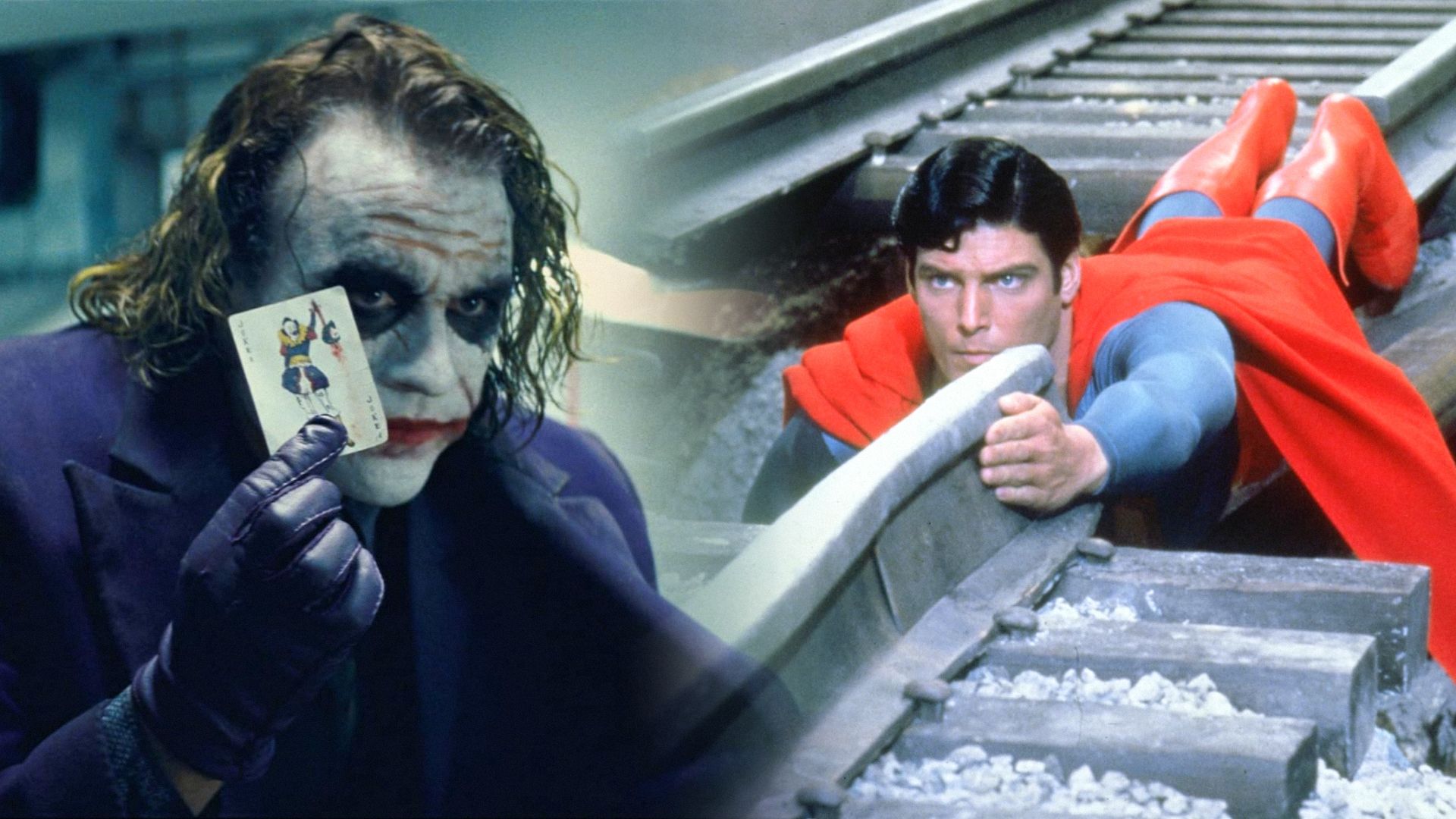 El actor Heath Ledger con cabello verde y maquillaje de payaso, el actor Christopher Reeve con traje azul y rojo con capa tendido sobre vías de tren