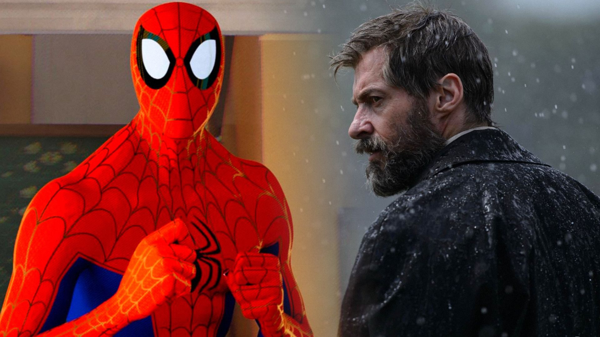 Personaje de dibujos animados con traje de superhéroe rojo y azul, actor Hugh Jackman con chaqueta negra de pie de perfil bajo la lluvia