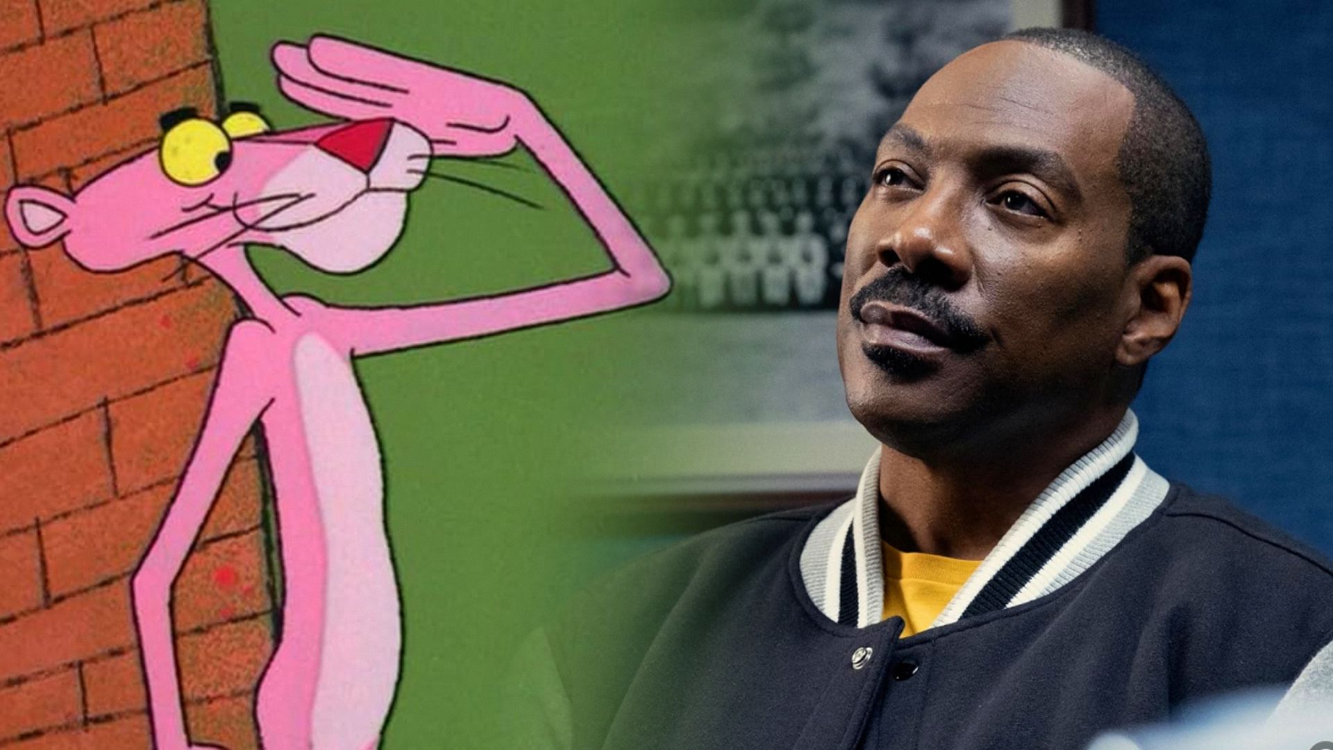 Pantera rosa de dibujos animados y el actor Eddie Murphy con una chaqueta bomber gris y negra